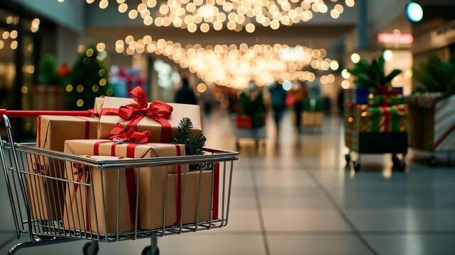 Holiday shopping frenzy with giftladen carts in festive mall ambiance