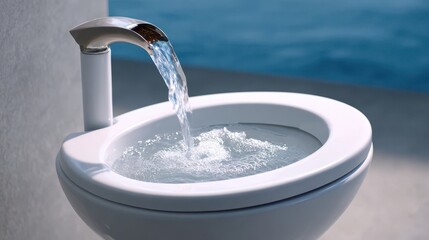 A modern toilet features a sleek faucet pouring water into the bowl, highlighting contemporary bathroom design.