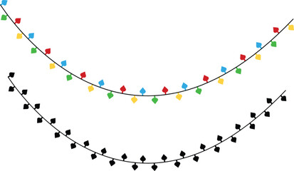 Colorful string lights set, festive decorative bulb garlands collection in multiple shapes and curves, holiday illumination decoration vector design on transparent background