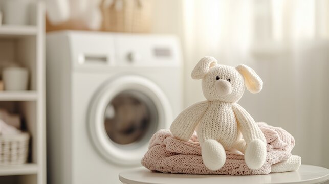 soft baby clothes neatly folded, elegant colors, blur modern white washing machine in background, copy space