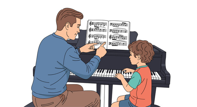 Patient father teaches young son to play piano, guiding fingers on sheet music for aspiring musician