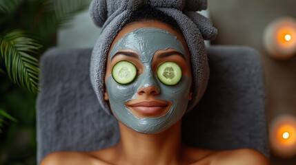 A serene woman indulging in a spa treatment with a clay face mask and cucumber slices covering her eyes, surrounded by soothing natural elements and relaxation-themed decor.