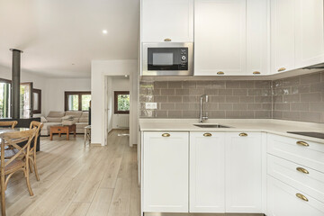 Photograph of a mini kitchen with 45 cm wide appliances, including a refrigerator, dishwasher, and oven integrated into a column to save space.