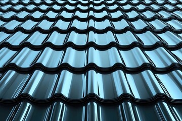 Solar roof tiles with exquisite patterns and reflective glass against a deep blue sky background.