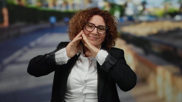 Middle-aged hispanic woman with curly brunette hair and glasses making a sleeping gesture on a sunny outdoor city street, wearing a black suit and white shirt, expressing tiredness.