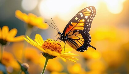 A monarch butterfly with orange and black wings is perched on the center of a bright yellow daisy, bathed in soft, warm sunlight.