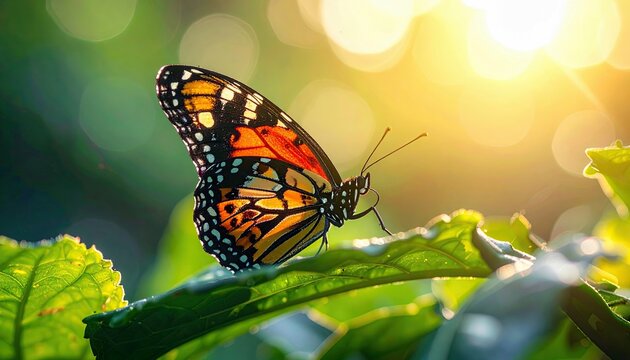 A monarch butterfly with its wings spread sits on a vibrant green leaf, bathed in the golden glow of the sun.