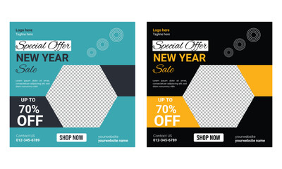 New Year Sale Social Media Post or Promotional Template With Christmas Decoration