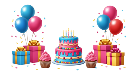 Festive birthday cake with cupcakes balloons and gift boxes with confetti isolated on a transparent background