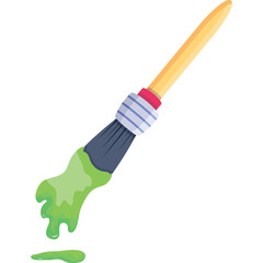 Artistic paintbrush with dripping green paint and wooden handle against a clean white background for creative expression and artistic endeavors