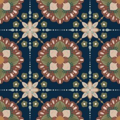 Dark Navy Floral Ornamental Seamless Pattern with Earth Tone Motifs