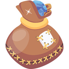 Brown Leather Pouch Filled with Blue Crystals and a White Patch Detailed with Yellow Stitches and Sparkling Accents on a Transparent Background