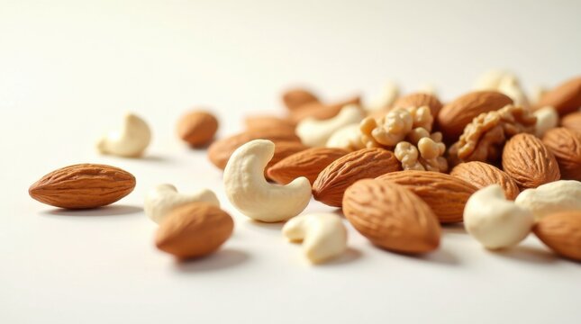 Mezcla de almendras, anacardos y nueces esparcidas sobre una superficie blanca y limpia con luz natural
