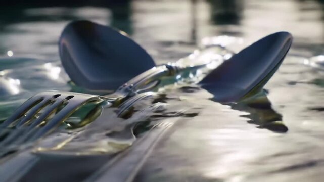 Fork, spoon floating in water, reflecting light, with ripples, suggests washing, abstract background