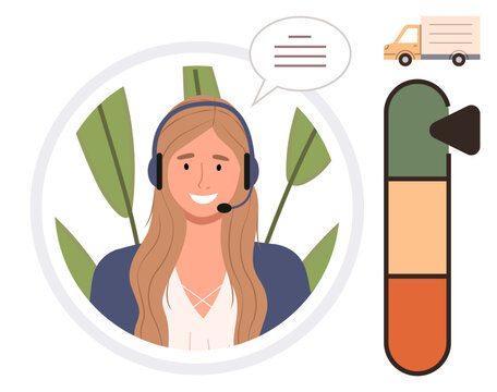Smiling woman wearing headset, speech bubble for communication, delivery truck, and rating scale. Ideal for customer service, feedback, communication, logistics, online assistance satisfaction