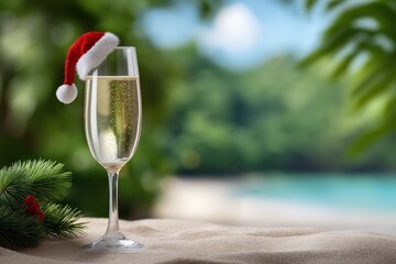 Sparkling champagne flute adorned with a festive Santa hat, resting on sandy beach, surrounded by tropical greenery, evoking a joyful holiday atmosphere