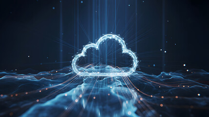 Modern cloud computing network with data stream visualization for secure, scalable, and efficient technology solutions connecting businesses worldwide