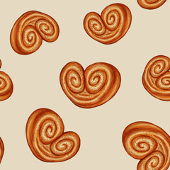 Watercolor seamless pattern with a variety of baked goods. Perfect for bakeries, coffee shops, packaging, branding, menu and design, cookbooks, and recipes. Hand-drawn bakery background.
