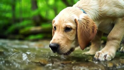 Golden puppy drinking from forest stream, fresh water in focus, lush green background, ideal for pet care