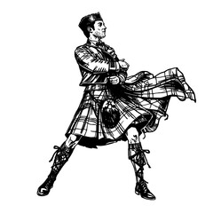 Dynamic Scottish highland dancer strikes pose, traditional attire, historical elegance