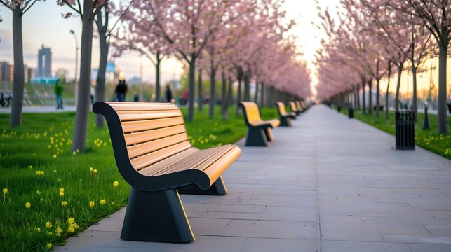 Park Benches Along Cherry Blossom Trees in Spring Urban Landscape perfect for relaxation and enjoyment of nature.