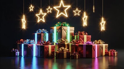 Animated Christmas gifts and glowing neon stars on a dark background. A festive pile of presents with colorful lights for a holiday celebration. Modern 3D rendering for a New Year's greeting - Powered by Adobe
