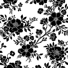 Floral black and white pattern, elegant botanical design for fabric or backgrounds.
