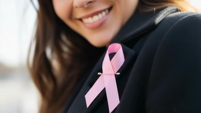 Woman pinning a pink ribbon to her coat in support of a cause. Close-up on the symbol for breast cancer awareness. Health and charity campaign concept - Powered by Adobe