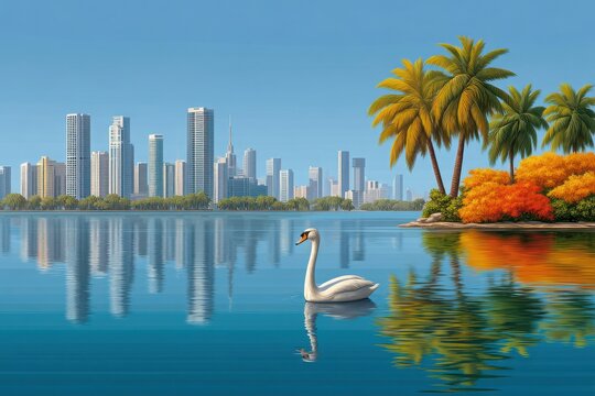 Serene swan glides on calm water with cityscape and palm trees in background