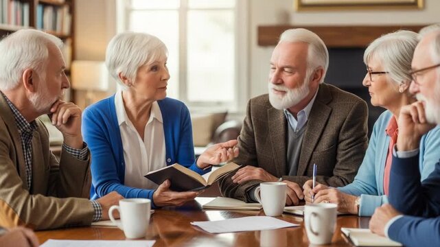 A group of senior friends in a book club discussion. An older woman leads a conversation while others listen. Lifelong learning and community in retirement