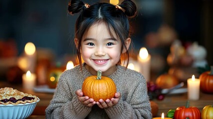 Joyful child embracing autumn spirit with pumpkins and warm candles - Powered by Adobe