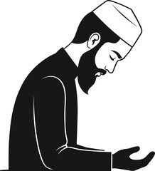 Muslim man praying, spiritual reflection, religious devotion, Islamic worship, peaceful moment, traditional attire, black and white, solemn pose, cad drawing flat vector illustration