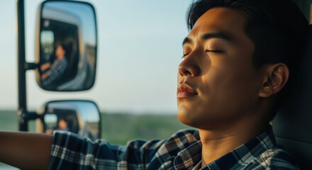 Young man resting with eyes closed in a vehicle during daylight, wearing plaid shirt, reflected driver in side mirror