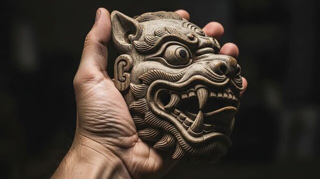 Human hand holding an intricately carved wooden mask. Mythical creature sculpture with fangs and snarling expression. Traditional craftsmanship and cultural artifact