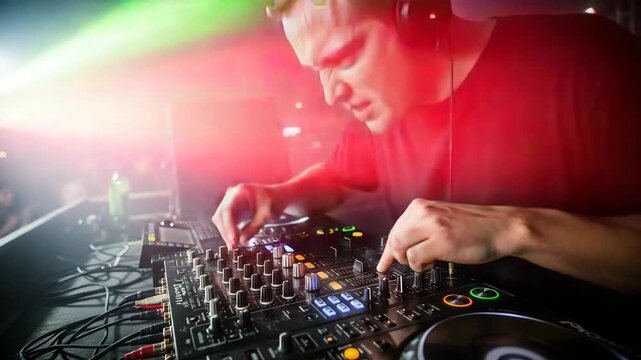 DJ performance at night, musician mixing tracks for party goers. DJ in action with sound mixer to amplify night sounds, as performer brings music to audience. Experience DJ party atmosphere for clubs,