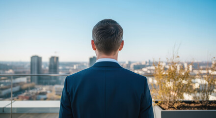 Confident businessman in blue suit standing on rooftop terrace overlooking modern city skyline under clear sky in daytime