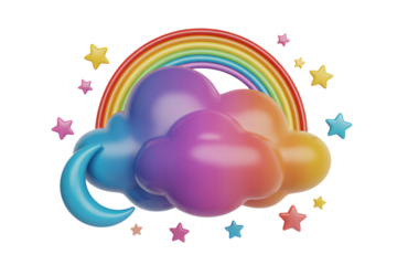 bright colorful rainbow arching over glossy cloud with sparkling stars on black whimsical