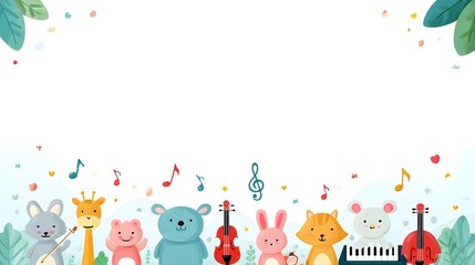 Charming illust n of cute anthropomorphic animals playing musical instruments amidst musical notes confetti and festive elements ideal for children s themes music education and joyous celeb ns