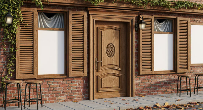 Charming rustic wooden door and shuttered windows on brick building facade, accented by ivy and vintage outdoor stools