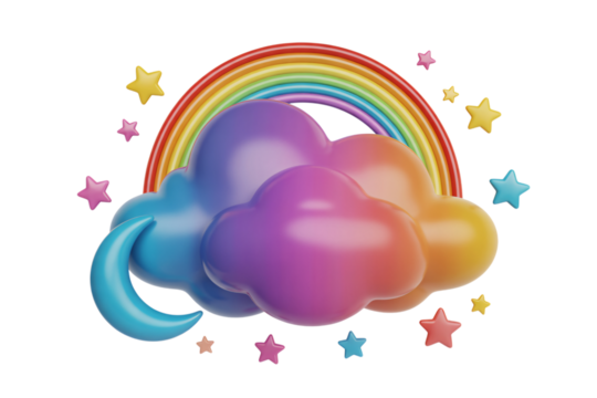 bright colorful rainbow arching over glossy cloud with sparkling stars on black whimsical - Powered by Adobe