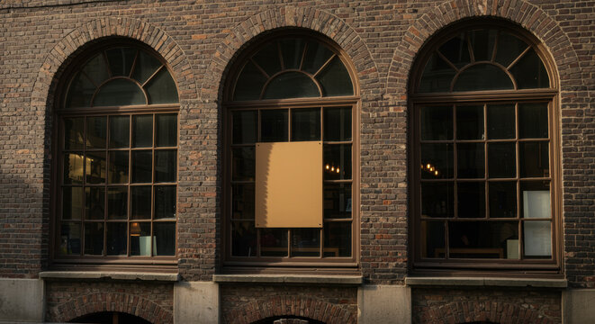 Historic brick building facade with large arched windows reflecting warm interior lights and urban architectural details - Powered by Adobe