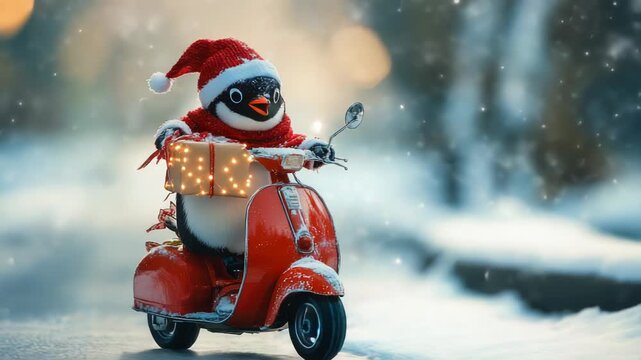Adorable penguin in a Santa hat zips through a snowy city on a red scooter, delivering gift wrapped presents under twinkling bokeh lights for holiday cheer