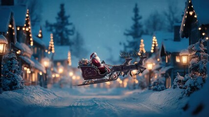 Enchanting Christmas Eve scene with Santa in his sleigh pulled by reindeer, flying over a snow covered village with twinkling lights and gentle snowflakes under a starry sky - Powered by Adobe