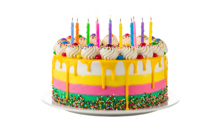 Festive multi-layered birthday cake with colorful frosting dripping yellow icing and lit candles isolated on a transparent background