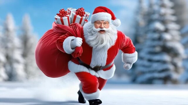 Santa Claus running fast through a snowy winter forest, carrying a large red sack full of presents on his shoulder and hurrying to deliver Christmas gifts on a bright, sunny day