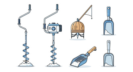 Obraz premium Illustration of ice fishing tools: augers, tip-up, and scoops for removing ice.