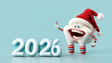 Animated tooth character wearing a Santa hat, happily dancing and waving next to the number 2026  festive dental greeting for clinics and holiday season promotions