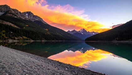 A stunning mountain landscape at sunset, featuring fiery orange clouds reflected in a calm lake, with forested slopes and snow-capped peaks.