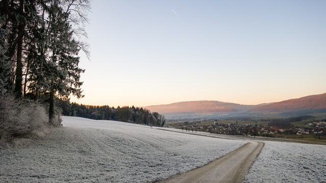 Scenic winter landscape in Jura, Switzerland