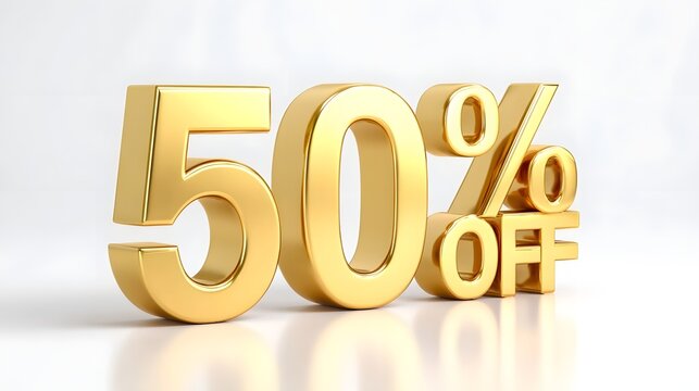 A high   rendered 3D metallic golden sign featuring  50 OFF  stands out against a clean white background conveying a compelling marketing message for retail sales discounts and special promotions